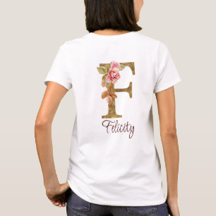 Camiseta Nome Personalizado Letra F Dourado Folha Rosa Cor-