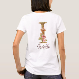 Camiseta Nome Personalizado Letra I Folha Dourada Rosas Ros