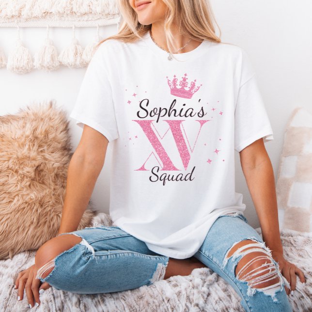 Camiseta Nome Personalizado Link Mis Quince Squad XV Party (Custom Name Pink Glitter Mis Quince Squad XV Party T-Shirt)