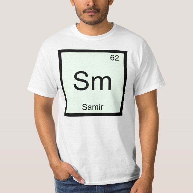 Camiseta Nome Samir Elemento Químico Mesa Periódica (Frente)