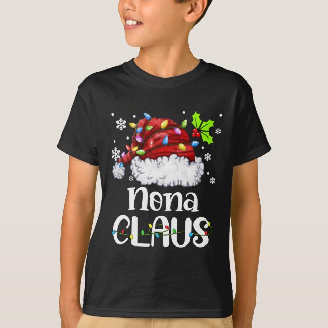 Camiseta Nona Claus Santa Hat Família de Natal Light Xmas (Frente)