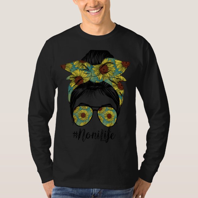 Camiseta Noni Life Messy Hair Bun Sunflower Mulheres Mãe (Frente)