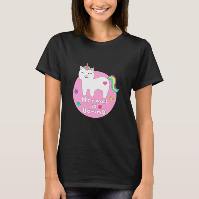 Camiseta Normal é chato Kawaii unicorn cat branco e rosa (Frente)
