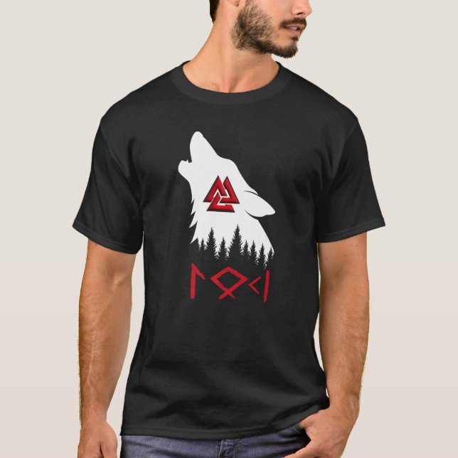 Camiseta Norse Mythology Wolf Valknut Rune Circle Viking Pr (Frente)