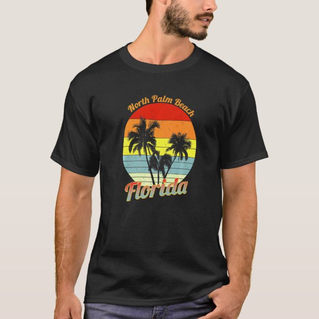 Camiseta North Palm Beach, Flórida, Retro Tropical Palm Tre (Frente)