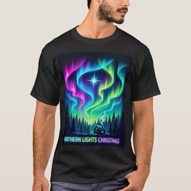 Camiseta Northern Lights Christmas Cabin – Aurora Holiday M (Frente)