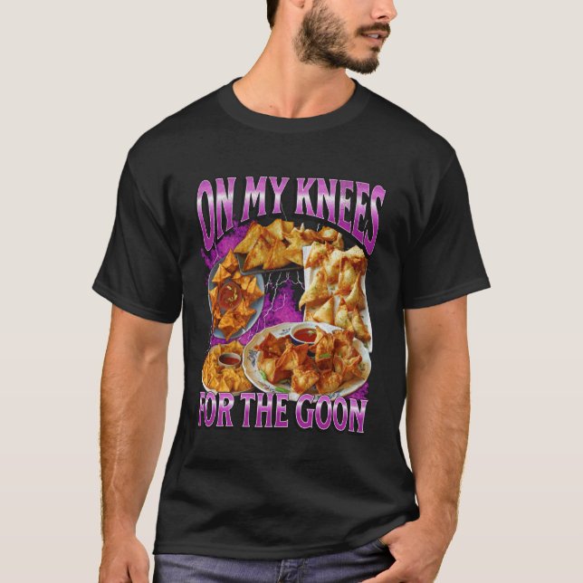 Camiseta Nos Meus Joelhos Funny Crab Rangoon Meme Bootleg G (Frente)