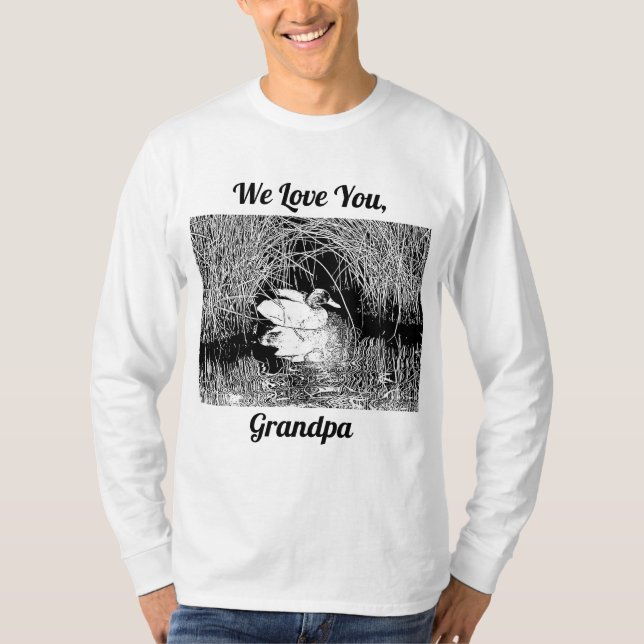 Camiseta Nós Te Amo Avô Negra e Patos Brancos Amantes (Frente)