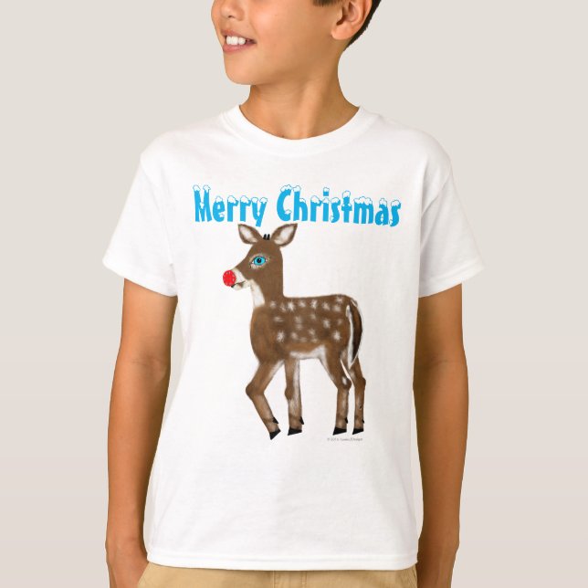 Camiseta Nose Vermelha Azul Reindeer Feliz Natal (Frente)