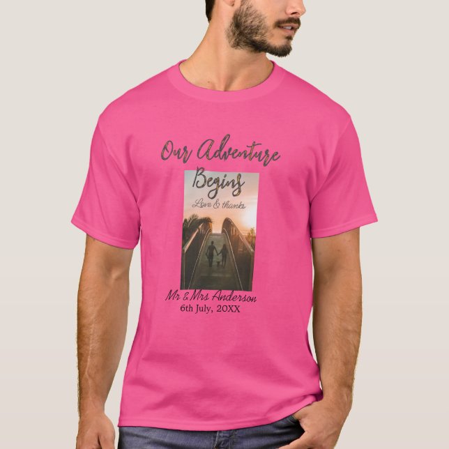 Camiseta Nossa aventura começa casal foto amor e obrigados (Frente)