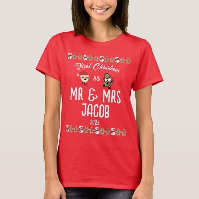Camiseta Nosso Primeiro Natal como Sr. e Sra. Newlywing (Frente)