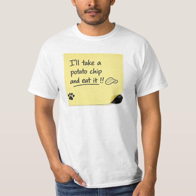 Camiseta Nota Adesiva Engraçada de Cachorro com Batata Frit (Frente)