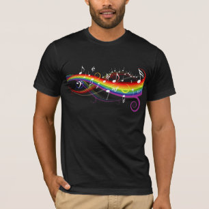 Camiseta Notas brancas da música do arco-íris no preto