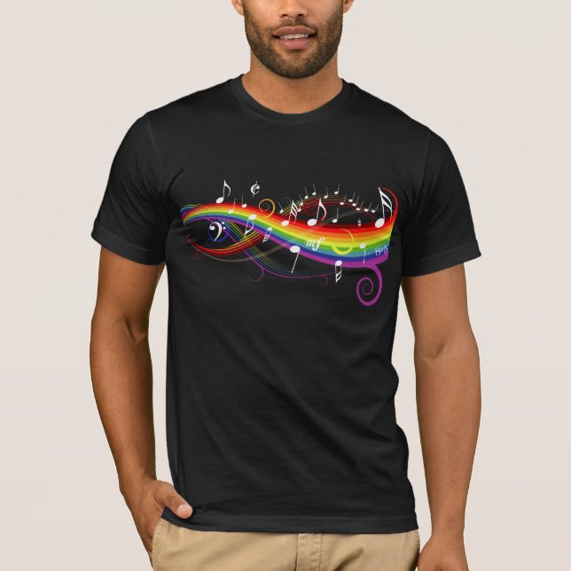 Camiseta Notas brancas da música do arco-íris no preto (Frente)