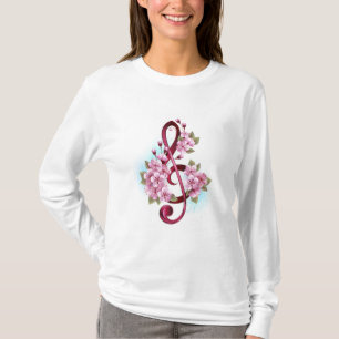 Camiseta Notas de clave de trecho musical com flores de Sak