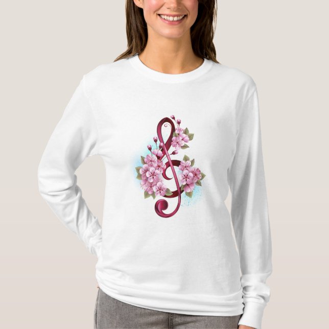 Camiseta Notas de clave de trecho musical com flores de Sak (Frente)