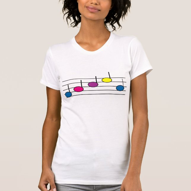Camiseta Notas de música rosa azul púrpura amarelo (Frente)