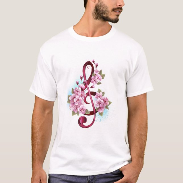 Camiseta Notas musicais em clave de sol com flores de Sakur (Frente)