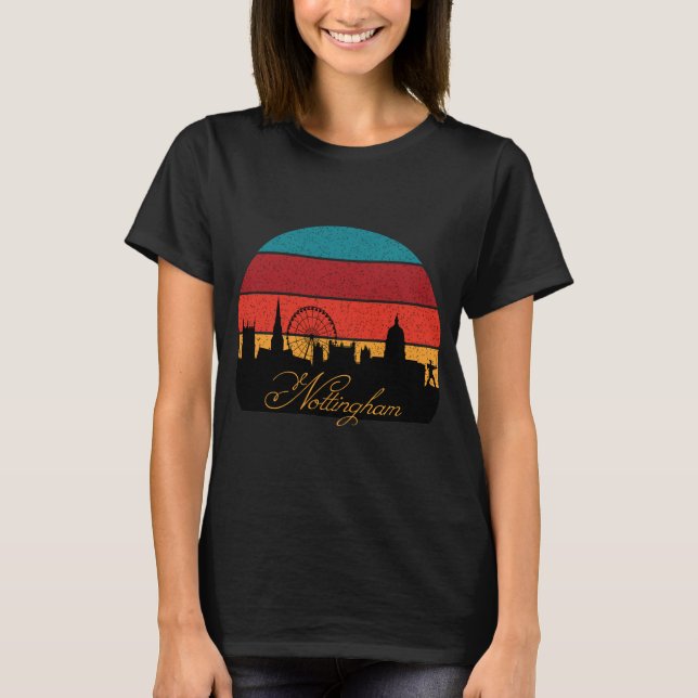 Camiseta Nottingham Skyline Retro Synthwave Viagem (Frente)
