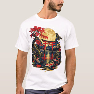 Camiseta Noturna com Lago de Koi sob Lua Cheia Jap