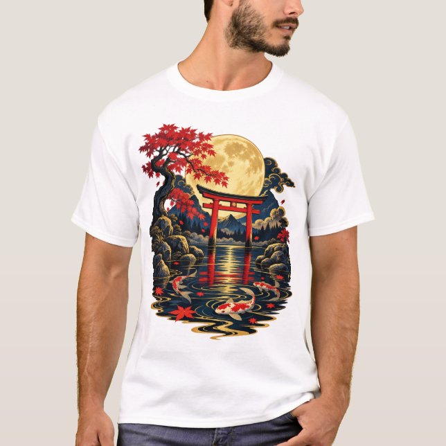 Camiseta Noturna com Lago de Koi sob Lua Cheia Jap (Frente)