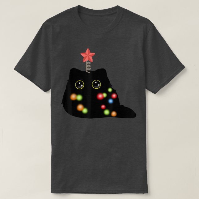Camiseta Noturno Negro Natal Fluffy Noel Hat Luzes de Natal (Frente do Design)