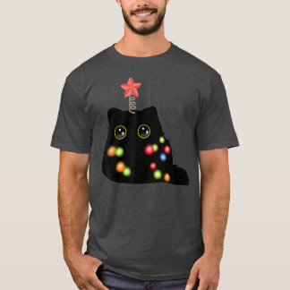 Camiseta Noturno Negro Natal Fluffy Noel Hat Luzes de Natal