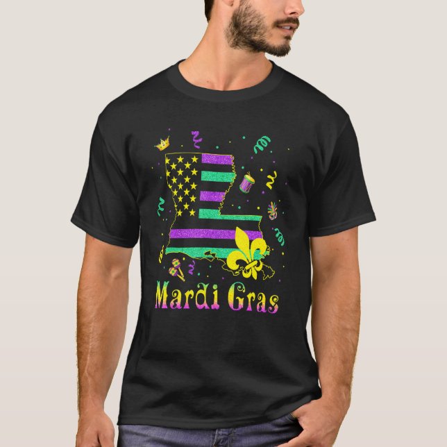 Camiseta Nova Orleans Mardi Gras Miçanga Máscara Louisiana  (Frente)