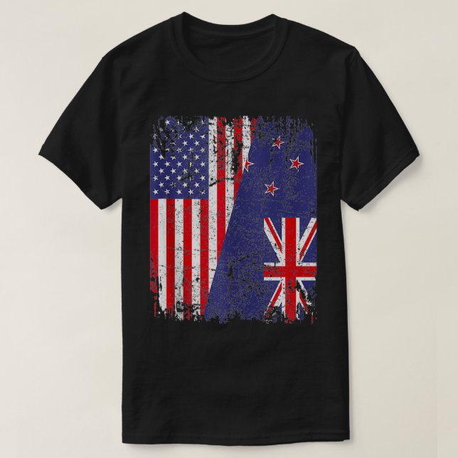 Camiseta NOVA ZEALAND ROOTS Half American Flag KIWI FLAG (Frente do Design)
