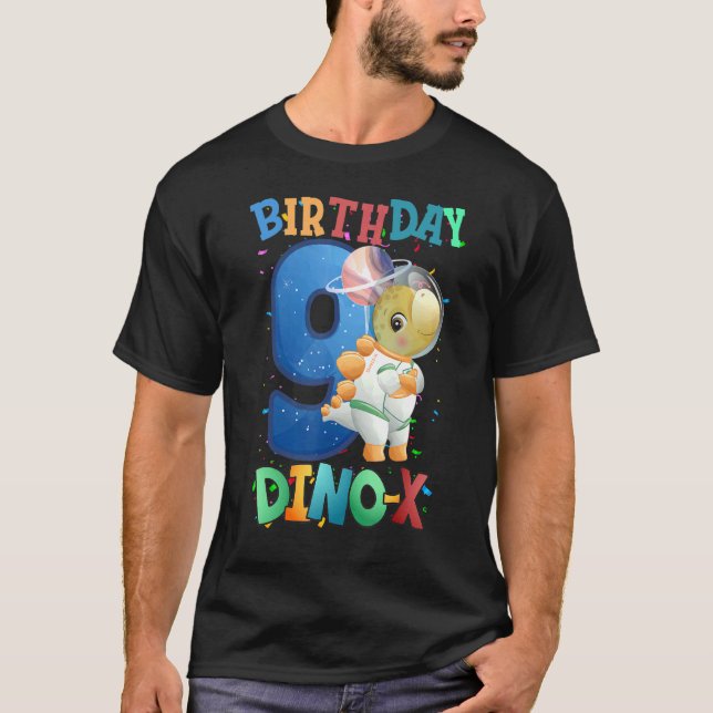 Camiseta Nove aniversários Dino Space Boys, 9 anos Astronau (Frente)