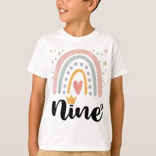 Camiseta Nove Anos Aniversário Festa do Arco-Íris 9 Anos