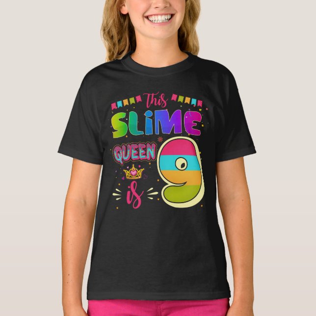Camiseta Nove anos Festa de Rainha do Slime do Aniversário (Frente)