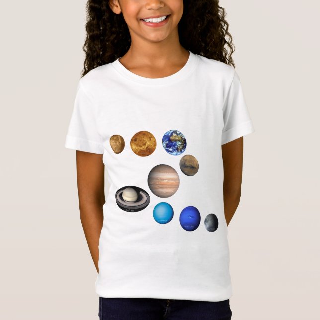 Camiseta Nove planetas no sistema solar. Mercúrio, Vênus, (Frente)