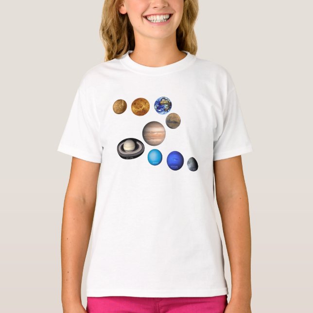 Camiseta Nove planetas no sistema solar. Mercúrio, Vênus, (Frente)