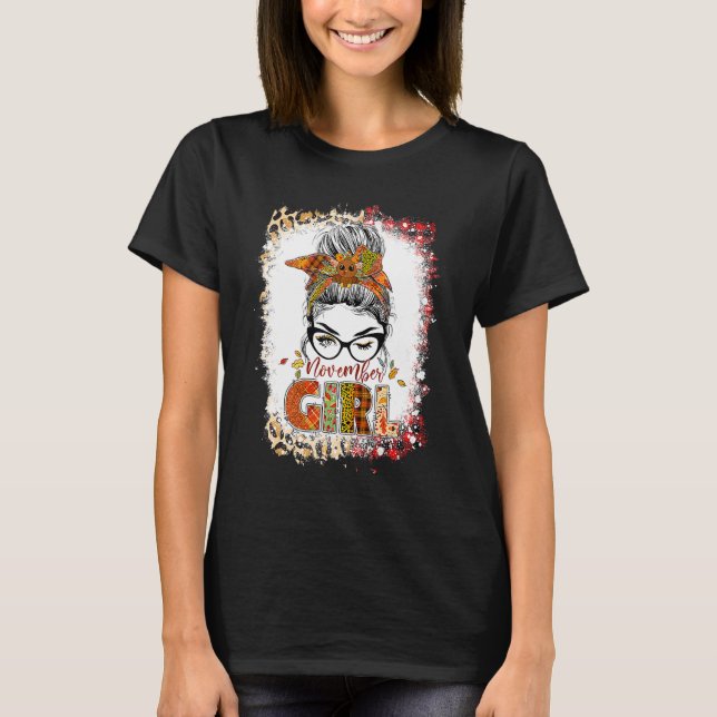 Camiseta November Girl Leopard Messy Bun Hair Turkey Thanks (Frente)