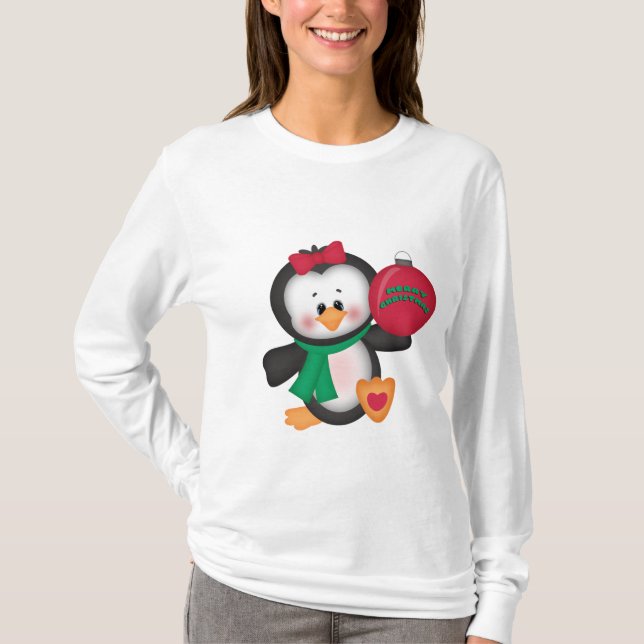 Camiseta Noz-camiseta de manga longa do Pinguim Natal (Frente)
