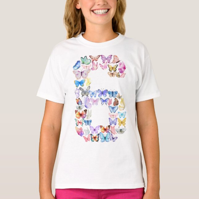 Camiseta Número 6 Borboletas Tema Meninas de 6 Anos (Frente)