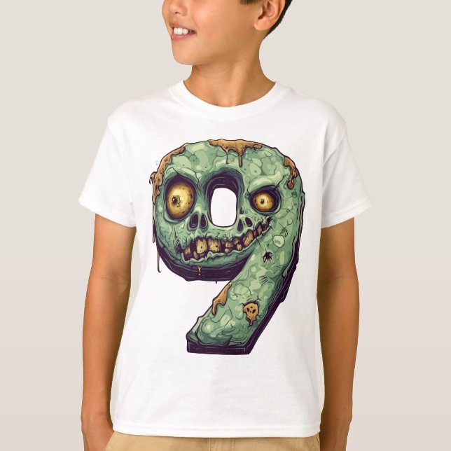 Camiseta Número 9: Tema Zombie Halloween 9 Anos Crianças (Frente)