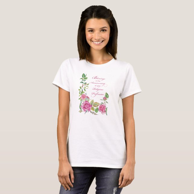 Camiseta Nun Aniversário da Profissão Religiosa Rosas Rosa (Frente Completa)