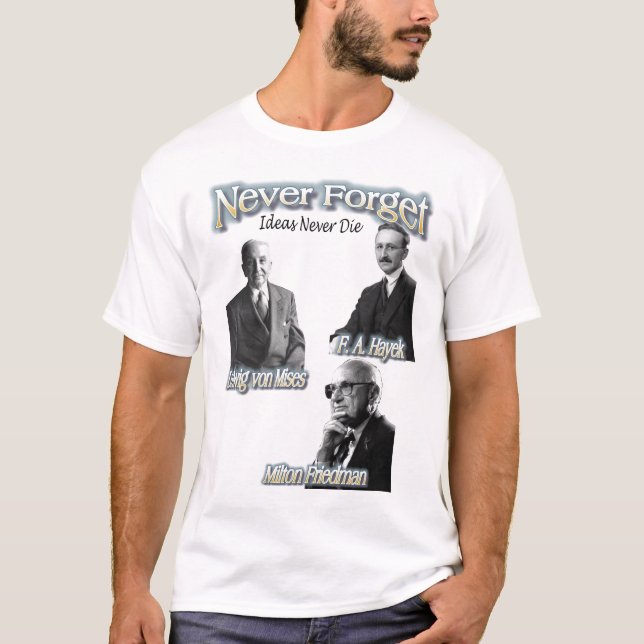 Camiseta Nunca esqueça Hayek, Mises, Friedman, muito amor (Frente)