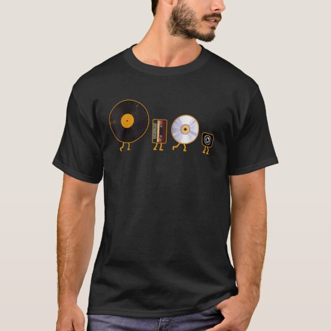 Camiseta Nunca Esqueça Vinil Disco Cassete Cd e Mp3 Áudio (Frente)