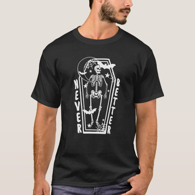 Camiseta Nunca Melhor Esqueleto Preguiçoso Figurino de Hall (Frente)