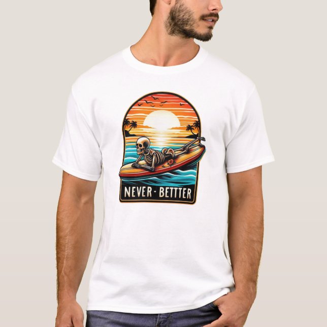 Camiseta Nunca Melhor - Skelset surfando Onda Sunset (Frente)
