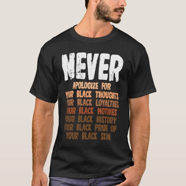 Camiseta Nunca se desculpe pelos seus pensamentos negros. (Frente)