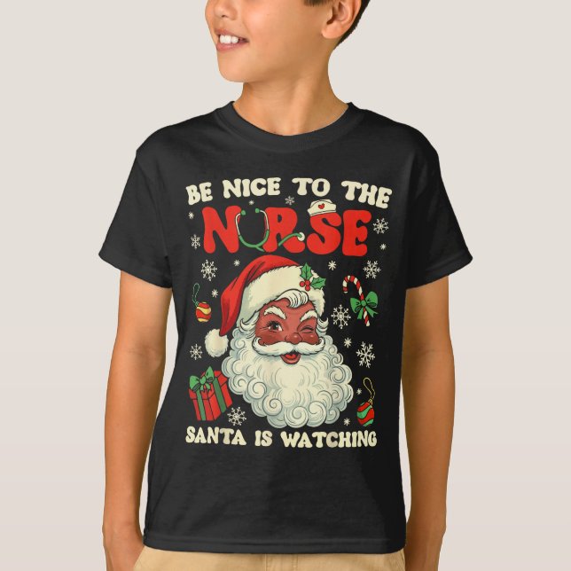 Camiseta Nurse Christmas African American Santa Is Watching (Frente)