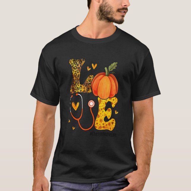Camiseta Nurse Leopard Pumpkin Thanksgiving Love Chemo Nurs (Frente)