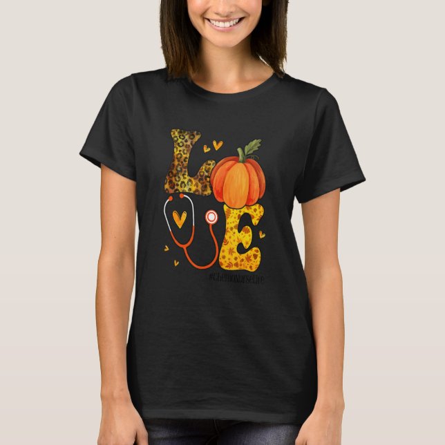 Camiseta Nurse Leopard Pumpkin Thanksgiving Love Chemo Nurs (Frente)