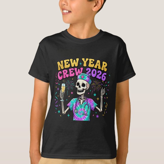 Camiseta Nurse Skeleton New Year Crew 2026 Funny Er Icu Eve (Frente)