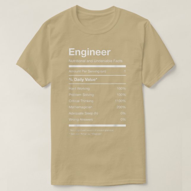 Camiseta Nutrição engenheiro Fatos Nutricionais Engraçados (Frente do Design)