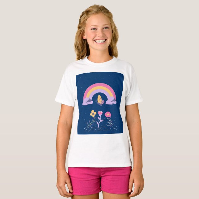 Camiseta Nuvem de Flores de Borboleta Arco-Íris (Frente Completa)